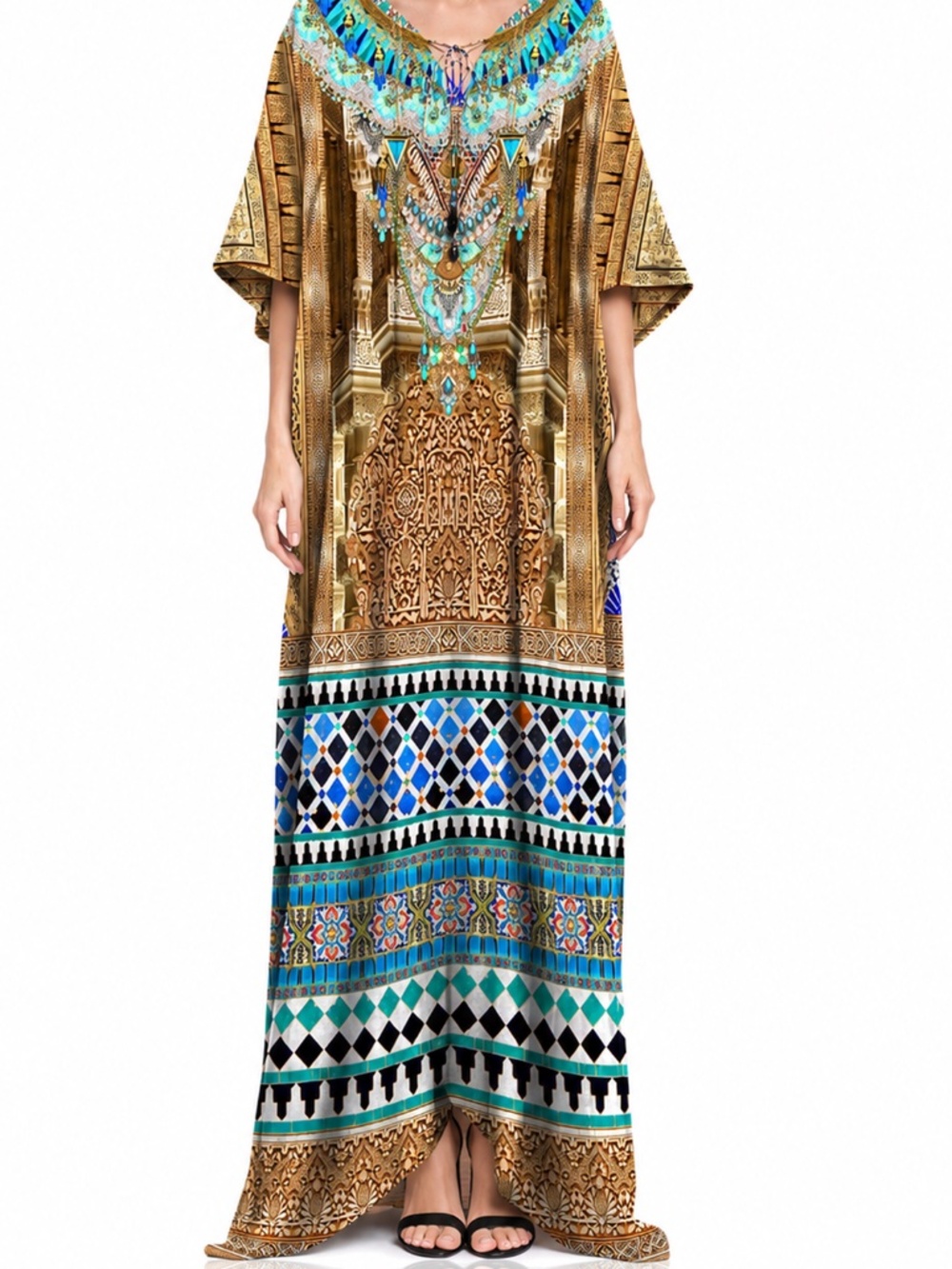 Gold Turquoise Kaftan Maxi Dress Wedding Guest Resort Caftan Boho Vacation